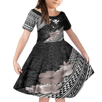 Aloha Hawaii Hibiscus and Plumeria Flowers Family Matching Summer Maxi Dress and Hawaiian Shirt Kanaka Maoli Tattoo Polynesian Pattern Gray Color LT03 Daughter's Dress Black - Polynesian Pride