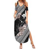 Aloha Hawaii Hibiscus and Plumeria Flowers Summer Maxi Dress Kanaka Maoli Tattoo Polynesian Pattern Gray Color LT03 Women Black - Polynesian Pride