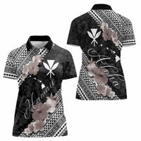 Aloha Hawaii Hibiscus and Plumeria Flowers Women Polo Shirt Kanaka Maoli Tattoo Polynesian Pattern Gray Color LT03 - Polynesian Pride