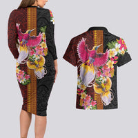 Papua New Guinea Birds and Frangipani Couples Matching Long Sleeve Bodycon Dress and Hawaiian Shirt Melanesian Art Tattoos LT03 - Polynesian Pride