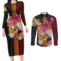 Papua New Guinea Birds and Frangipani Couples Matching Long Sleeve Bodycon Dress and Long Sleeve Button Shirt Melanesian Art Tattoos LT03 Black - Polynesian Pride