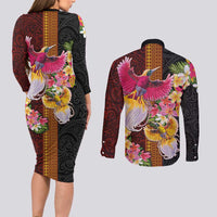 Papua New Guinea Birds and Frangipani Couples Matching Long Sleeve Bodycon Dress and Long Sleeve Button Shirt Melanesian Art Tattoos LT03 - Polynesian Pride