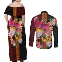 Papua New Guinea Birds and Frangipani Couples Matching Off Shoulder Maxi Dress and Long Sleeve Button Shirt Melanesian Art Tattoos LT03 - Polynesian Pride