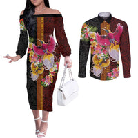 Papua New Guinea Birds and Frangipani Couples Matching Off The Shoulder Long Sleeve Dress and Long Sleeve Button Shirt Melanesian Art Tattoos LT03 Black - Polynesian Pride