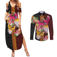 Papua New Guinea Birds and Frangipani Couples Matching Summer Maxi Dress and Long Sleeve Button Shirt Melanesian Art Tattoos LT03 Black - Polynesian Pride