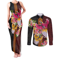 Papua New Guinea Birds and Frangipani Couples Matching Tank Maxi Dress and Long Sleeve Button Shirt Melanesian Art Tattoos LT03 Black - Polynesian Pride