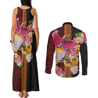 Papua New Guinea Birds and Frangipani Couples Matching Tank Maxi Dress and Long Sleeve Button Shirt Melanesian Art Tattoos LT03 - Polynesian Pride