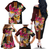 Papua New Guinea Birds and Frangipani Family Matching Off The Shoulder Long Sleeve Dress and Hawaiian Shirt Melanesian Art Tattoos LT03 - Polynesian Pride