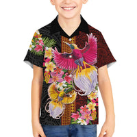 Papua New Guinea Birds and Frangipani Family Matching Off The Shoulder Long Sleeve Dress and Hawaiian Shirt Melanesian Art Tattoos LT03 Son's Shirt Black - Polynesian Pride