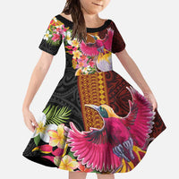 Papua New Guinea Birds and Frangipani Family Matching Tank Maxi Dress and Hawaiian Shirt Melanesian Art Tattoos LT03 Daughter's Dress Black - Polynesian Pride
