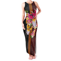 Papua New Guinea Birds and Frangipani Family Matching Tank Maxi Dress and Hawaiian Shirt Melanesian Art Tattoos LT03 Mom's Dress Black - Polynesian Pride