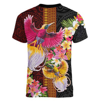 Papua New Guinea Birds and Frangipani Women V-Neck T-Shirt Melanesian Art Tattoos LT03 - Polynesian Pride