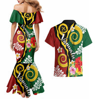 Melanesian Vanuatu Tribal Boar Tusk Couples Matching Mermaid Dress and Hawaiian Shirt Tropical Plants and Namele Motifs LT03 - Polynesian Pride