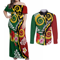 Melanesian Vanuatu Tribal Boar Tusk Couples Matching Off Shoulder Maxi Dress and Long Sleeve Button Shirt Tropical Plants and Namele Motifs LT03 Green - Polynesian Pride