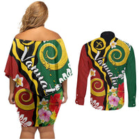 Melanesian Vanuatu Tribal Boar Tusk Couples Matching Off Shoulder Short Dress and Long Sleeve Button Shirt Tropical Plants and Namele Motifs LT03 - Polynesian Pride