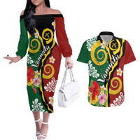 Melanesian Vanuatu Tribal Boar Tusk Couples Matching Off The Shoulder Long Sleeve Dress and Hawaiian Shirt Tropical Plants and Namele Motifs LT03 Green - Polynesian Pride