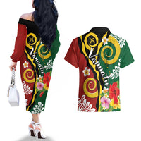 Melanesian Vanuatu Tribal Boar Tusk Couples Matching Off The Shoulder Long Sleeve Dress and Hawaiian Shirt Tropical Plants and Namele Motifs LT03 - Polynesian Pride