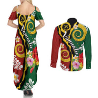Melanesian Vanuatu Tribal Boar Tusk Couples Matching Summer Maxi Dress and Long Sleeve Button Shirt Tropical Plants and Namele Motifs LT03 - Polynesian Pride
