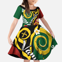 Melanesian Vanuatu Tribal Boar Tusk Family Matching Long Sleeve Bodycon Dress and Hawaiian Shirt Tropical Plants and Namele Motifs LT03 Daughter's Dress Green - Polynesian Pride