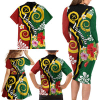 Melanesian Vanuatu Tribal Boar Tusk Family Matching Long Sleeve Bodycon Dress and Hawaiian Shirt Tropical Plants and Namele Motifs LT03 - Polynesian Pride