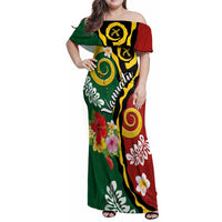 Melanesian Vanuatu Tribal Boar Tusk Family Matching Off Shoulder Maxi Dress and Hawaiian Shirt Tropical Plants and Namele Motifs LT03 Mom's Dress Green - Polynesian Pride
