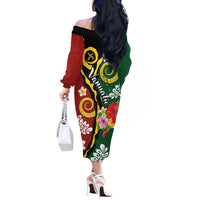 Melanesian Vanuatu Tribal Boar Tusk Off The Shoulder Long Sleeve Dress Tropical Plants and Namele Motifs LT03 - Polynesian Pride