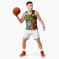 Vanuatu Christmas Basketball Jersey Funny Santa with Namele and Boar Tusk Tribal - Polynesian Pride