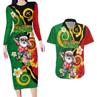 Vanuatu Christmas Couples Matching Long Sleeve Bodycon Dress and Hawaiian Shirt Funny Santa with Namele and Boar Tusk Tribal LT03 Green - Polynesian Pride