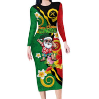 Vanuatu Christmas Family Matching Long Sleeve Bodycon Dress and Hawaiian Shirt Funny Santa with Namele and Boar Tusk Tribal LT03 Mom's Dress Green - Polynesian Pride