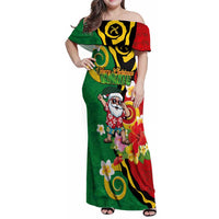 Vanuatu Christmas Family Matching Off Shoulder Maxi Dress and Hawaiian Shirt Funny Santa with Namele and Boar Tusk Tribal LT03 Mom's Dress Green - Polynesian Pride