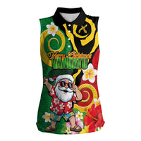 Vanuatu Christmas Women Sleeveless Polo Shirt Funny Santa with Namele and Boar Tusk Tribal LT03 Female Green - Polynesian Pride