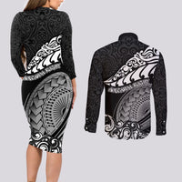 New Zealand Rugby Couples Matching Long Sleeve Bodycon Dress and Long Sleeve Button Shirts Maori Warrior Rugby Silver Fern Tribal Pattern LT03 - Polynesian Pride