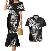 New Zealand Rugby Couples Matching Mermaid Dress and Hawaiian Shirt Maori Warrior Rugby Silver Fern Tribal Pattern LT03 Black - Polynesian Pride