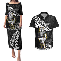 New Zealand Rugby Couples Matching Puletasi Dress and Hawaiian Shirt Maori Warrior Rugby Silver Fern Tribal Pattern LT03 Black - Polynesian Pride