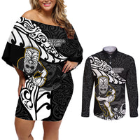 Custom New Zealand Rugby Couples Matching Off Shoulder Short Dress and Long Sleeve Button Shirts Maori Warrior Rugby Silver Fern Tribal Pattern LT03 Black - Polynesian Pride