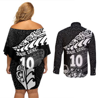 Custom New Zealand Rugby Couples Matching Off Shoulder Short Dress and Long Sleeve Button Shirts Maori Warrior Rugby Silver Fern Tribal Pattern LT03 - Polynesian Pride