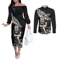 Custom New Zealand Rugby Couples Matching Off The Shoulder Long Sleeve Dress and Long Sleeve Button Shirts Maori Warrior Rugby Silver Fern Tribal Pattern LT03 Black - Polynesian Pride