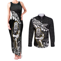 Custom New Zealand Rugby Couples Matching Tank Maxi Dress and Long Sleeve Button Shirts Maori Warrior Rugby Silver Fern Tribal Pattern LT03 Black - Polynesian Pride