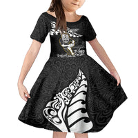 Custom New Zealand Rugby Family Matching Short Sleeve Bodycon Dress and Hawaiian Shirt Maori Warrior Rugby Silver Fern Tribal Pattern LT03 Daughter's Dress Black - Polynesian Pride