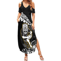 Custom New Zealand Rugby Family Matching Summer Maxi Dress and Hawaiian Shirt Maori Warrior Rugby Silver Fern Tribal Pattern LT03 Mom's Dress Black - Polynesian Pride