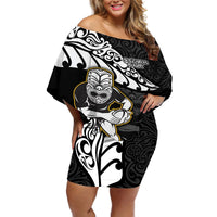 Custom New Zealand Rugby Off Shoulder Short Dress Maori Warrior Rugby Silver Fern Tribal Pattern LT03 Women Black - Polynesian Pride