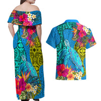 Polynesian Couples Matching Off Shoulder Maxi Dress and Hawaiian Shirt The Turtle Jung Flower with Maori Pattern Ethnic Style LT03 - Polynesian Pride
