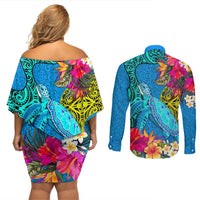 Polynesian Couples Matching Off Shoulder Short Dress and Long Sleeve Button Shirts The Turtle Jung Flower with Maori Pattern Ethnic Style LT03 - Polynesian Pride