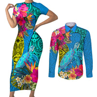 polynesian-couples-matching-short-sleeve-bodycon-dress-and-long-sleeve-button-shirts-the-turtle-jung-flower-with-maori-pattern-ethnic-style