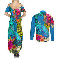 Polynesian Couples Matching Summer Maxi Dress and Long Sleeve Button Shirts The Turtle Jung Flower with Maori Pattern Ethnic Style LT03 - Polynesian Pride