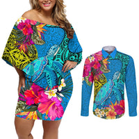 Custom Polynesian Couples Matching Off Shoulder Short Dress and Long Sleeve Button Shirts The Turtle Jung Flower with Maori Pattern Ethnic Style LT03 Blue - Polynesian Pride
