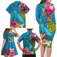 Custom Polynesian Family Matching Long Sleeve Bodycon Dress and Hawaiian Shirt The Turtle Jung Flower with Maori Pattern Ethnic Style LT03 - Polynesian Pride