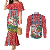 Hawaii Christmas Couples Matching Mermaid Dress and Long Sleeve Button Shirts The Santa Surfing Hawaii Xmas Style LT03 Red - Polynesian Pride
