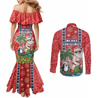 Hawaii Christmas Couples Matching Mermaid Dress and Long Sleeve Button Shirts The Santa Surfing Hawaii Xmas Style LT03 - Polynesian Pride