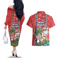 Hawaii Christmas Couples Matching Off The Shoulder Long Sleeve Dress and Hawaiian Shirt The Santa Surfing Hawaii Xmas Style LT03 - Polynesian Pride